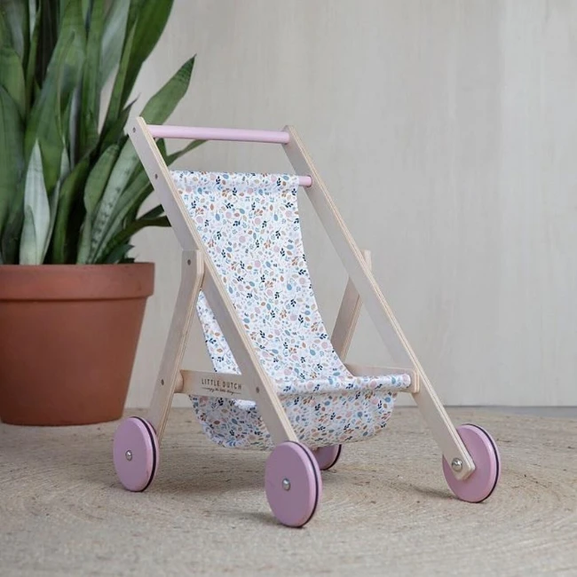 Little Dutch Poppen Accessoires- Houten Poppenbuggy Roze Met Bloemen (Spring Flowers) - Afbeelding 3