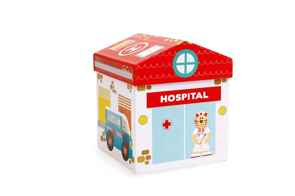 (UA) Scratch Mix+Play: SPEELDOOS ZIEKENHUIS 2-in-1 15.5x15.5x17cm, Bevat Een Ziekenwagen Met Een Bed En 3 Kattenfiguurtjes, In Karton En Hout, In Opbergdoos, 2+ - Afbeelding 2