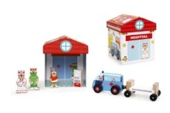 (UA) Scratch Mix+Play: SPEELDOOS ZIEKENHUIS 2-in-1 15.5x15.5x17cm, Bevat Een Ziekenwagen Met Een Bed En 3 Kattenfiguurtjes, In Karton En Hout, In Opbergdoos, 2+